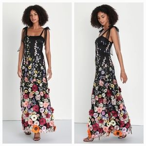 Lulu's Thriving Poise Black 3D Floral Embroidered Tie-Strap Maxi Dress NWT